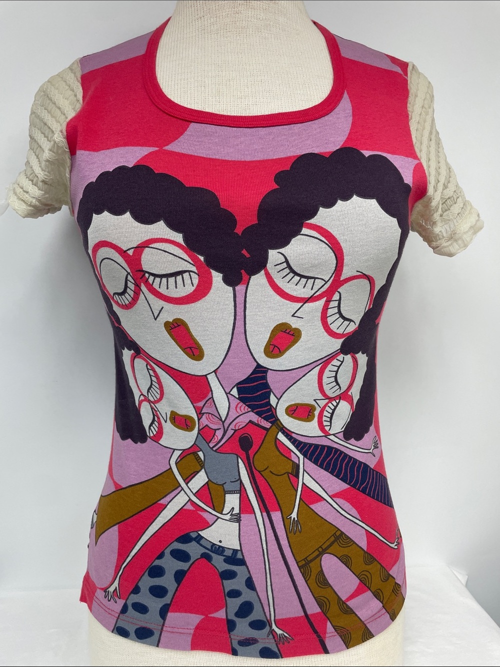 Custo Barcelona Pink Multi-Singers Graphic TShirt with Cream Sleeves